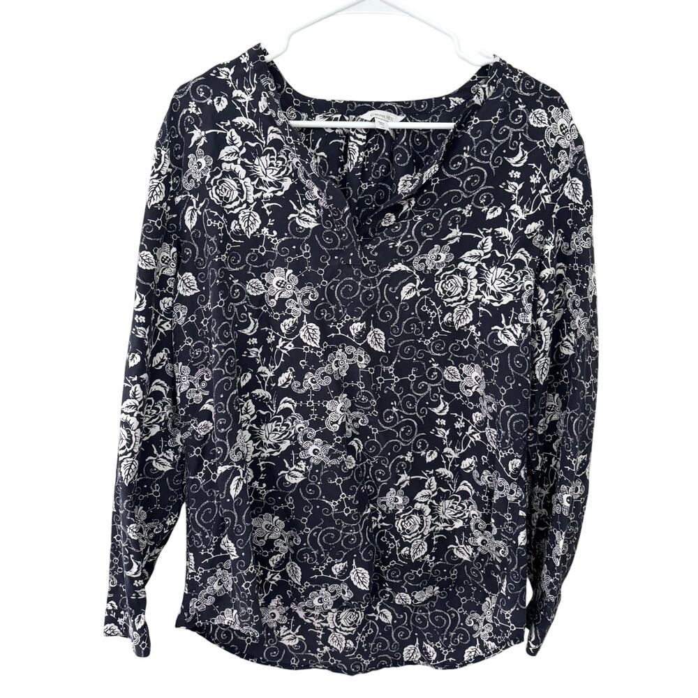 Garnet Hill Silk Navy White Floral V-Neck Blouse Size 14